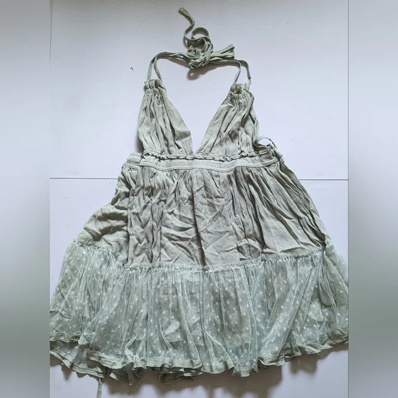 Size M SheIn Dobby Mesh Self-Tie Ruffled Halter Dress